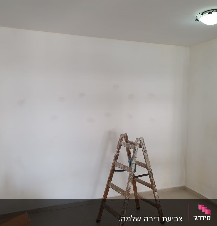 סולם עץ מול קיר צבוע עם תיקוני צבע